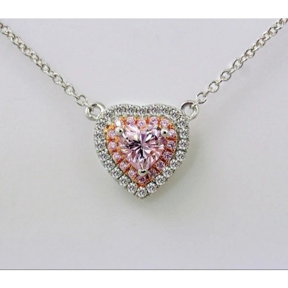 18k White Gold Pink Diamond Halo Heart Micro Pave Necklace